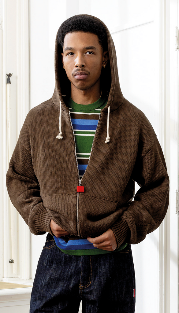 Chunky Knit Zip Up Hoodie Acid Brown