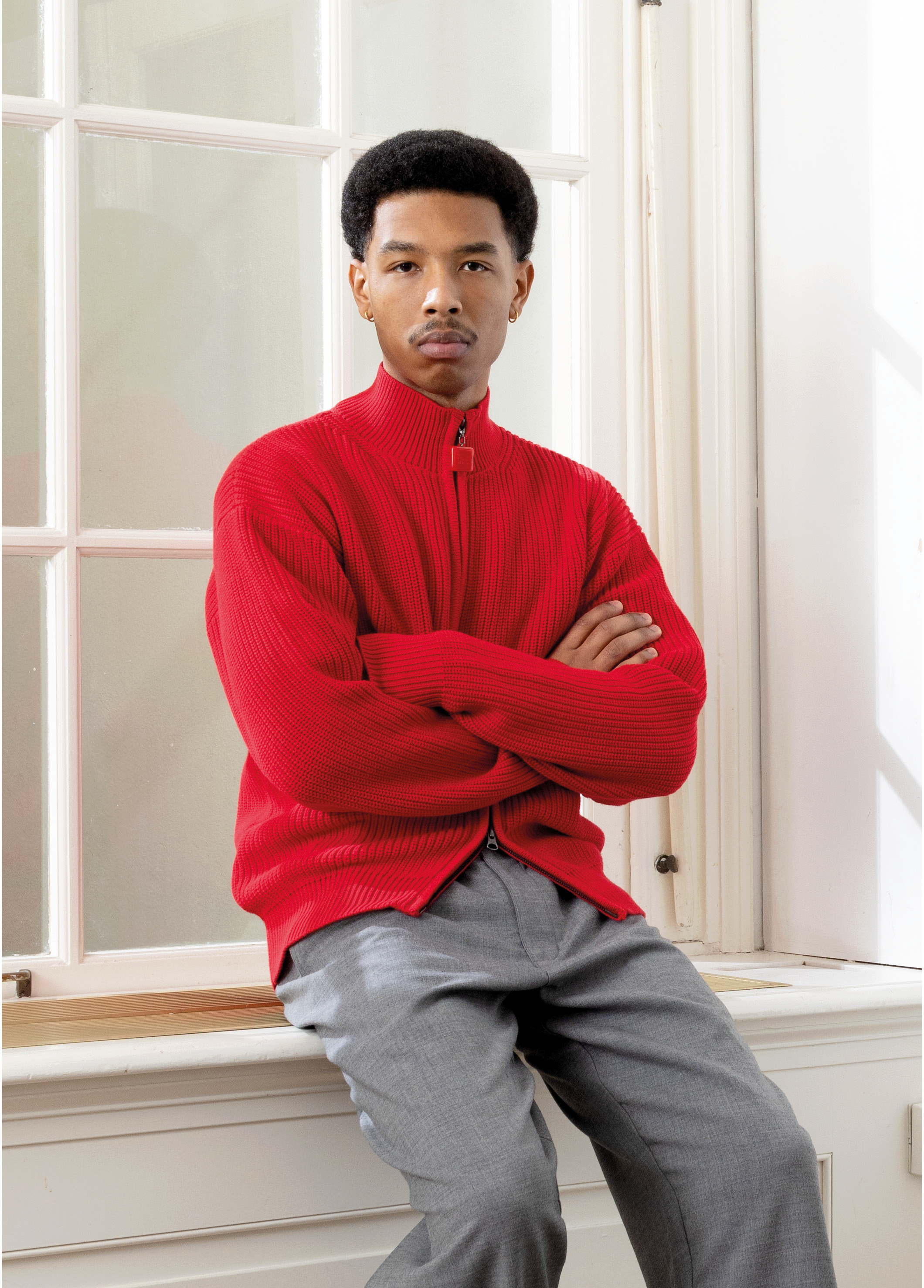 Fisherman Rib Zip-Up Sweater Red